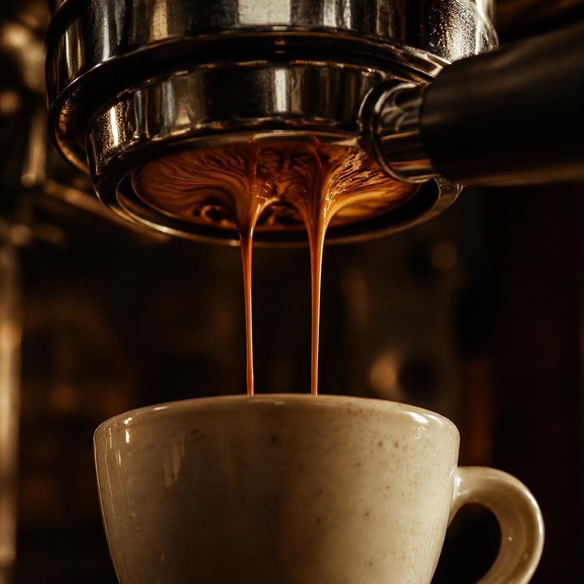 Espresso som renner ned i en kremfarget kopp